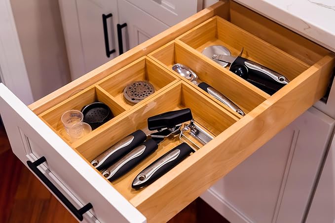 Umilife Bamboo Kitchen Drawer Organizer, Extra High Silverware Tray, Flatware Cutlery Storage Box, Multi-Use Holder in Office, Bathroom, Pantry - 12"x3"x2.5" (Set of 2)