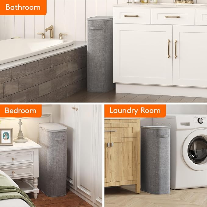 Lifewit Slim Laundry Basket with Lid, Narrow Large Laundry Hamper with Plastic Handles and Removable Bag, Tall Foldable Dirty Clothes Hampers for Laundry Room, Bedroom, Bathroom, Dorm, 75L Gray