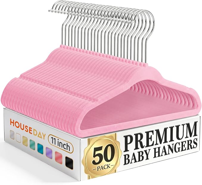 HOUSE DAY 11 Inch Velvet Baby Hangers 50 Pack Lt-Pink, Premium Kids Hangers for Children, Infant & Toddler Clothes, Durable Non Slip Small Baby Felt Hanger for Closet, Ideal for Everyday Use