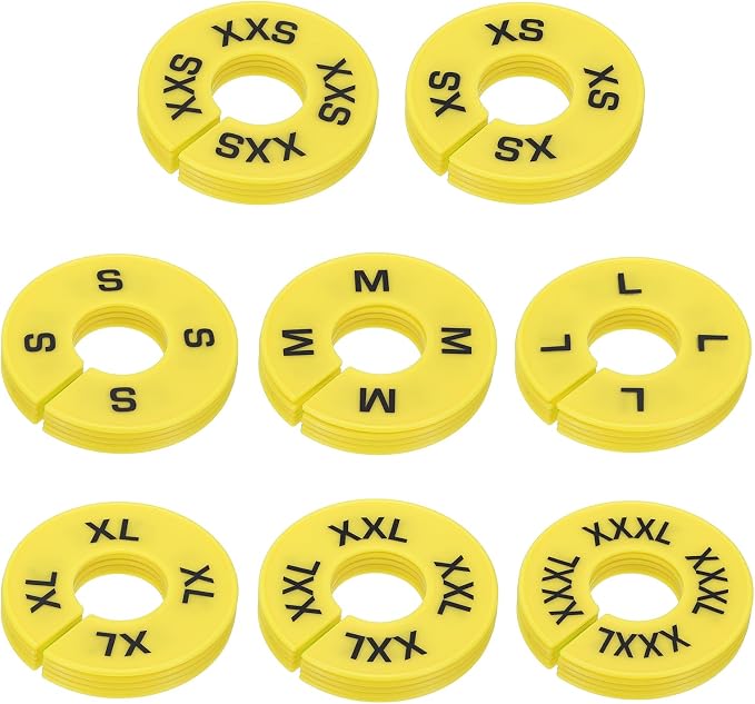 PATIKIL Clothes Dividers for Hanging Clothes, 40 Pack 8 Sizes Round Pre-written Clothing Rack Dividers Size Mark Label Sorting Separator for Closet, Yellow