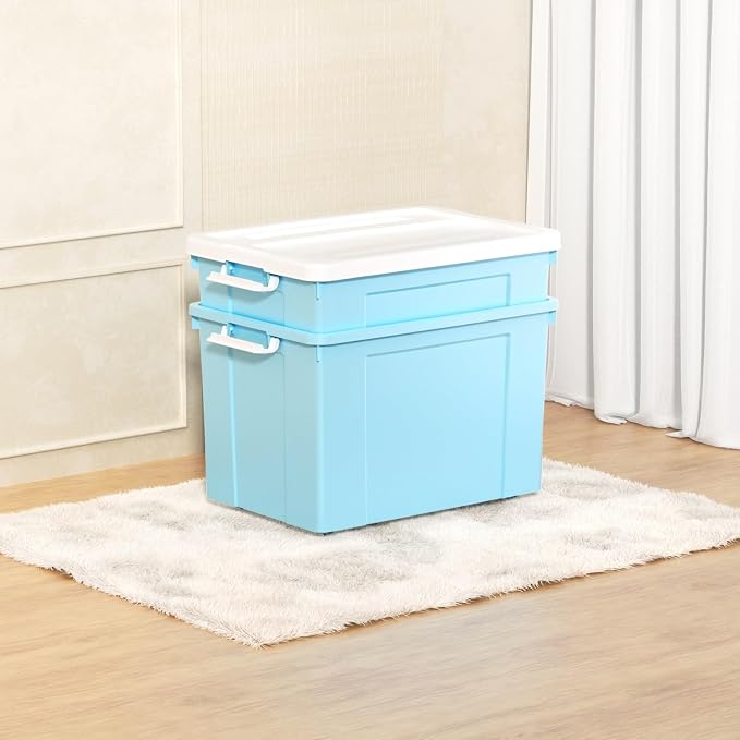 Cetomo Lidded Storage Bin with Handle, Tote Organizing Container with Wheels, Lid and Secure Latching Buckles, Stackable and Nestable, Plastic, 95 Quart-4 Pack, Blue