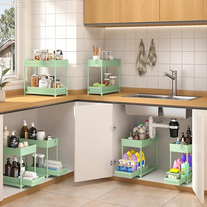 Sevenblue 3-Pack 2-Tier Under Sink Organizers with Sliding Drawers | Multi-use kitchen & bathroom storage, 12.8 inch green cabinet organizer, space-saving sliding drawer design.