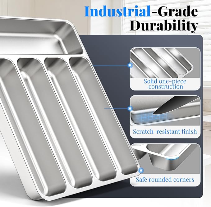 IKOCO 2-Pack Silverware Organizer, Stainless Steel, Dishwasher Safe | Each: 13.8" x 11.4" x 1.6", Rust-Resistant & Non-Absorbent, 5-compartment, Holds Spoons/Forks/Knives, Fits Standard Drawers