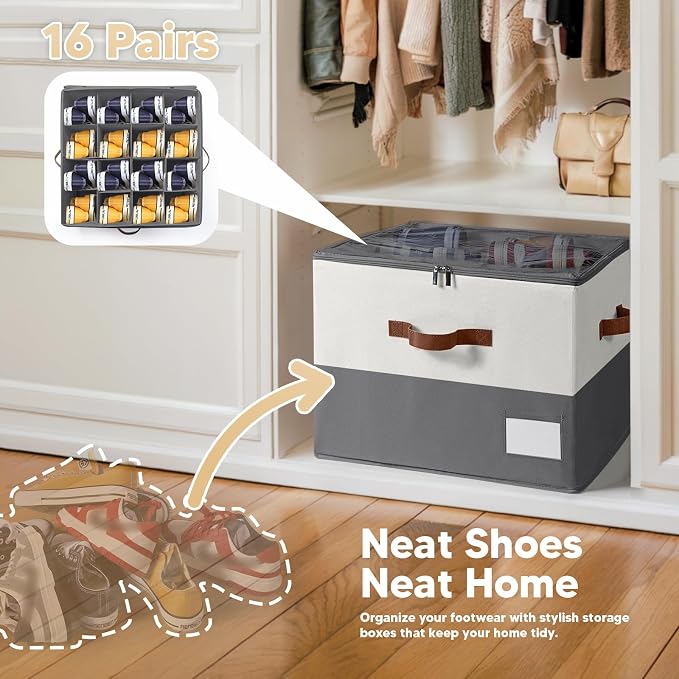 Shoe Organizer for Closet, Fits Up to 32 Pairs, Large Shoe Box Storage Container with Clear Cover, with Adjustable Dividers for Shoe Storage Bins,Space-Saving Shoe Bins,(2-Pack Beige and grey)