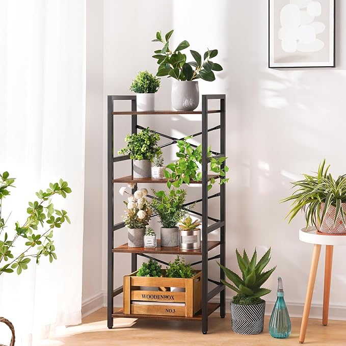 Yoobure 4 Tier Bookshelf - Small Book Shelf Industrial Bookcase, Narrow Book Case Book Storage Organizer for CD/Movie/Book, Bookshelves for Bedroom Office Living Room Berry Brown