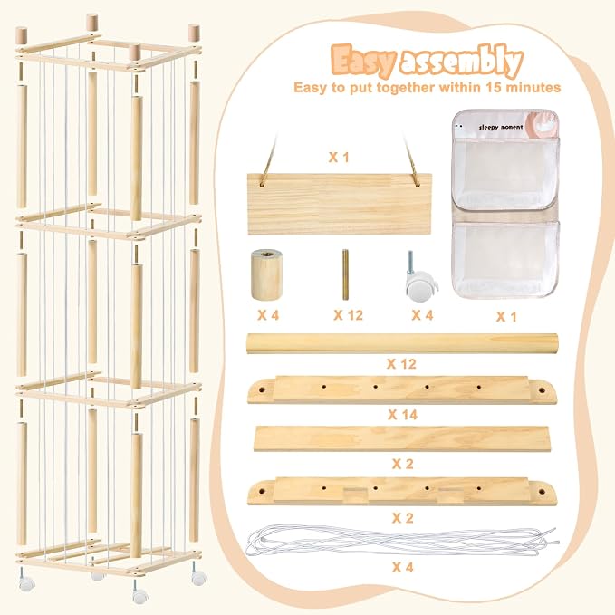 Large Stuffed Animal Storage, Wood Stuffed Animal Zoo with Brake Wheels and Hanging Storage Net, Space Save Toy Organizer, Large Capacity Stuffed Animal Holder, Perfect for Nursery Playroom Kidroom
