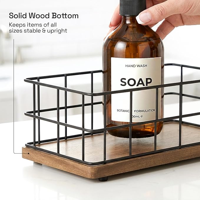 BAOBAB WORKSHOP Wooden Bathroom Basket Organizer & Storage, Toilet Paper Basket for Back of Toilet Tank Topper Tray, Paper Holder Basket for Bathroom Decor Box with Liners, Solid Wood & Wire, Set of 2