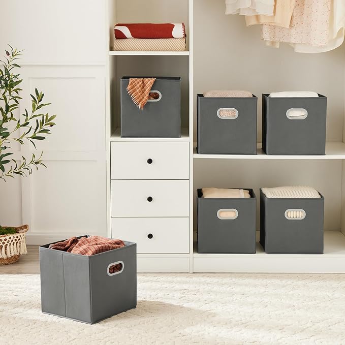 MAX Houser Fabric Storage Bins Cubes Baskets Containers with Dual Plastic Handles for Home Closet Bedroom Drawers Organizers (Cattail Gray)