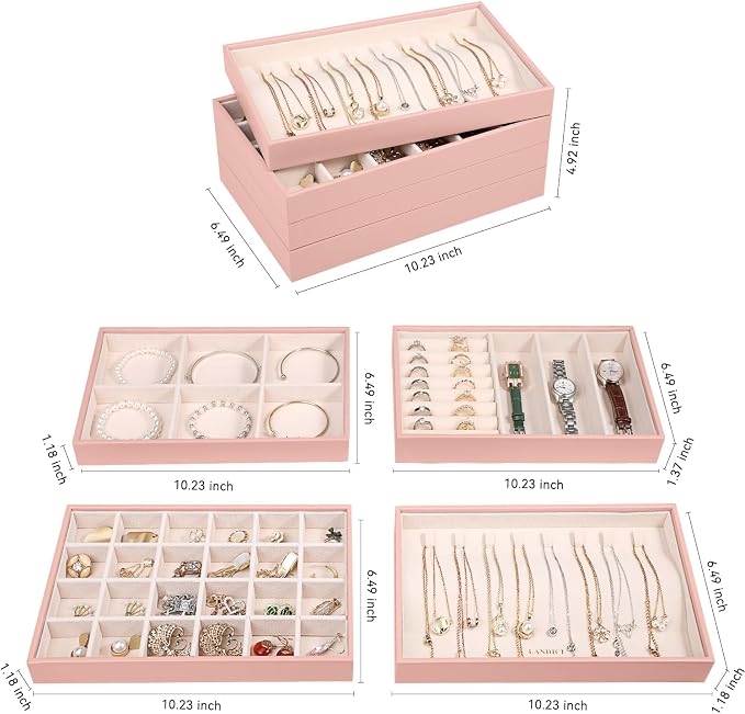 LANDICI Stackable Jewelry Organizer Trays 4 Set,PU Leather Jewelry Organizer Drawer,Jewelry Storage Display Tray for Earring Necklace Rings Bracelet with Removable Dividers,Pink
