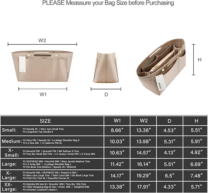 ZTUJO Purse Organizer Insert For Handbags, Silky Bag Organizer With 2 Zippers For Speedy Neverful Tote and More (Beige, X-Small)