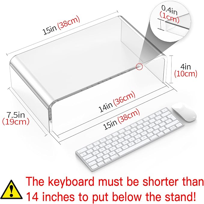Acrylic Monitor Stand Riser L15''xW7.5''xH4'' Clear Laptop Stand for Desk Acrylic Monitor Riser for Desk Accessories Aesthetic Laptop Riser Clear Computer Stand White Office Supplies