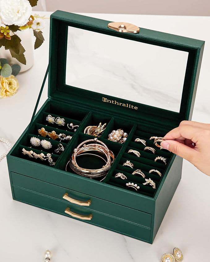 Enthralite Jewelry Box with 2 Drawers : Jewelry Display Organizer for Earrings Necklaces - Gift for Girls Women | Forest Green