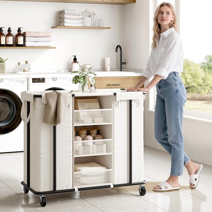 WOWLIVE Laundry Sorter 2 Section, 200L Rolling Laundry Hamper with Wheels | Laundry Cart with Steel Frame, Laundry Basket with Hanging and Removable Bag, Storage Unit Basket Organizer for Dorm, Beige
