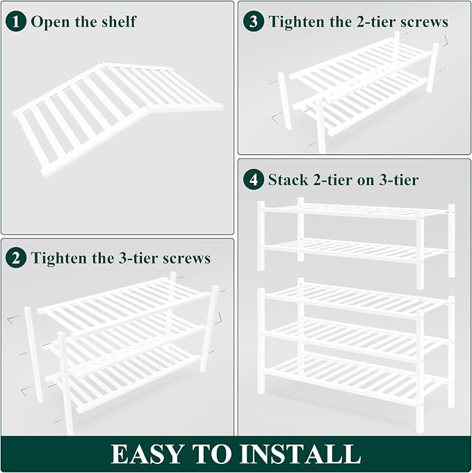 Smiry Bamboo Shoe Rack for Closet, 5 Tier Wooden Shoe Organizer, Stackable Wood Shoe Storage Shelf for Entryway, 14 Vertical Slats, 2+3 Stack Heavy-Duty Legs, 26.77"x11.02"x31.3", White