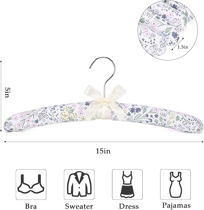 NEOVIVA Padded Hangers for Women Clothing, Floral Padded Clothes Hangers for Women, No Shoulder Bump Hangers for Adult, Padded Clothes Hangers for Women Sweaters, Dresses, Suits (Pack of 5)