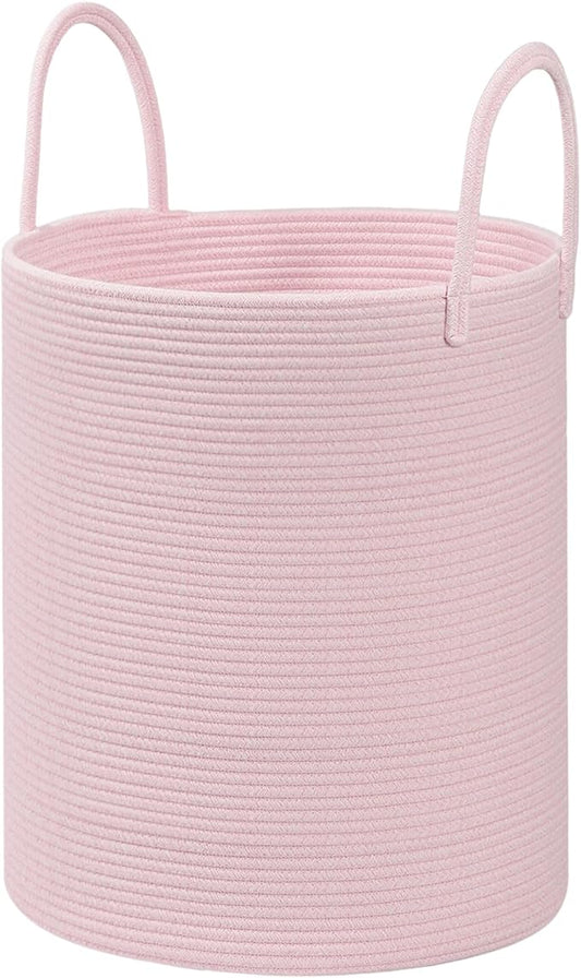 Cotton Rope Storage Basket with Handles, Large 60L Collapsible Laundry Hamper for Clothes, Sturdy Nursery Organizer Blanket Basket for Living Room,Toy Bin for Kids Bed Room,15"x15"x18",Pink