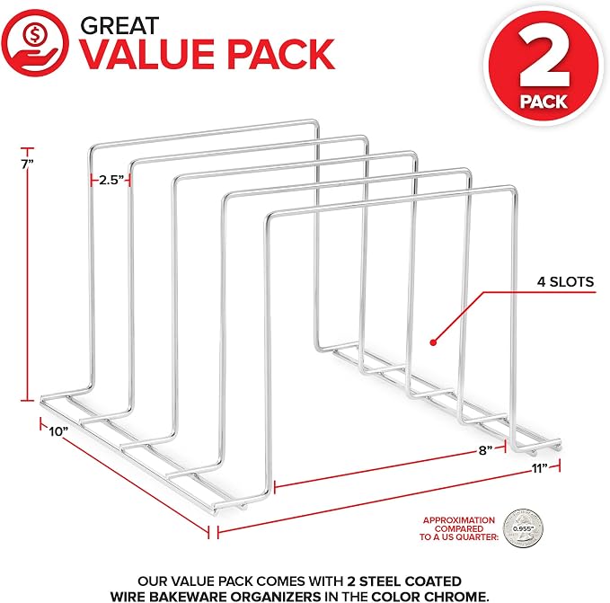 Stock Your Home Kitchen Cabinet Organizer, Chrome (2 Pack) Steel Baking Sheet Holder with 4 Slots for Cabinet, Bakeware Organizer, Divider for Cutting Boards, Pot Lids, Pan Lids, Cookie Sheets