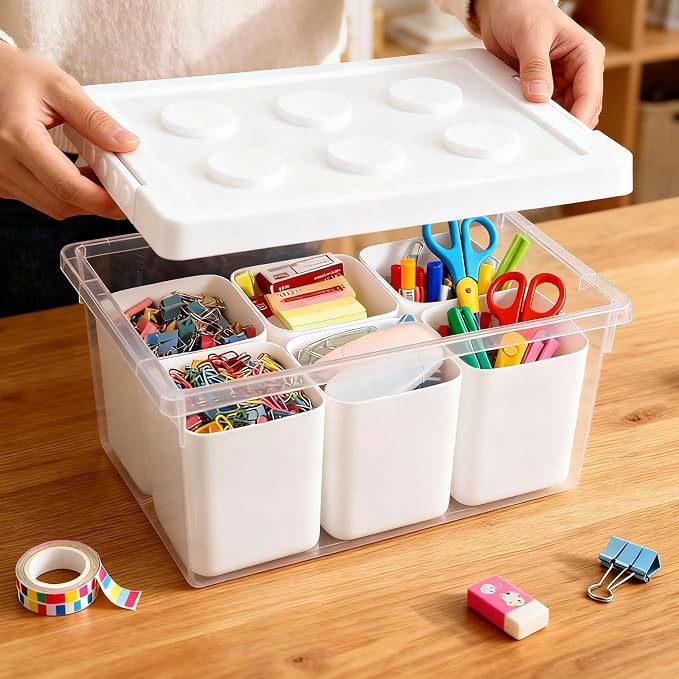 Plastic Storage Bins with Lids, Art Craft Supply Organizer Box with Brush Pot, Multipurpose Stackable Storage Containers for Organizing Tool, Craft, Crayon,Sewing(White)