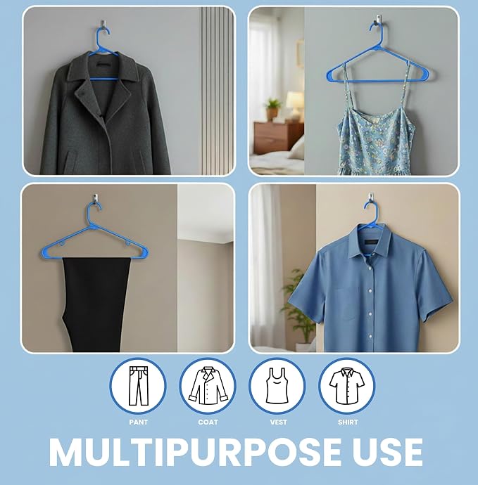 Utopia Home Plastic Hangers 50 Pack – Built-in Strap Hooks Blue | Space saving | Durable & strong | Closet organizer | Clothes hangers | Ideal for shirts, pants, skirts & coats