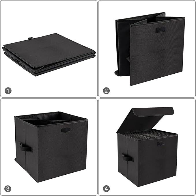 alavisxf xx 12-inch Vinyl Record Storage Box, Nylon Foldable and Stackable Set of 2 Vinyl LP Storage Organizer Case with Lid and Handles Can Hold 180 Single Record (12-inch) | Durable Nylon, Holds 180 Records(90 each), LP Record Organizer, Foldable, Po...