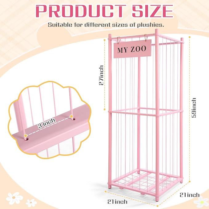 GLDZI Stuffed Animal Storage Zoo, Wooden Stuffed Animal Organizer with Elastic Cords for Boys Girls, Space Saving Toy Plushies Storage Holder for Playroom, Bedroom, Living Room (Pink, Large)