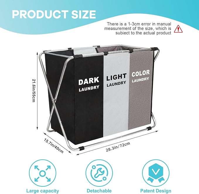 150L Laundry Cloth Hamper Sorter Basket Bin Foldable 3 Sections with stainless steel Frame Washing Storage Dirty Clothes Bag for Bathroom Bedroom Home Storage Basket (Black+Gray+Coffee)
