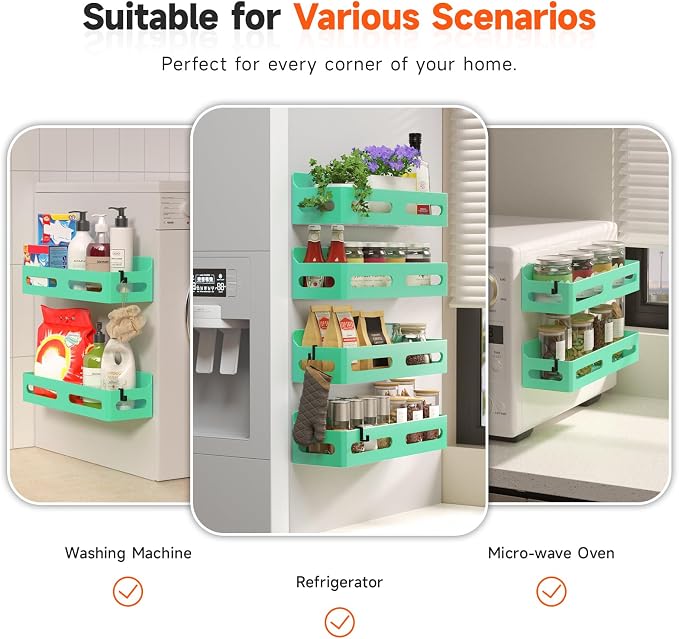 Sevenblue 4 Pack Strong Magnetic Spice Rack for Refrigerator, Multipurpose Magnetic Shelf for Fridge with 4 Hooks for kitchen and Bathroom Organization, Green