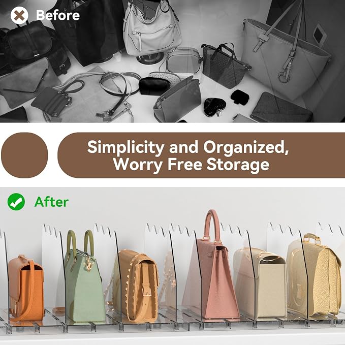 SOYO Adjustable Purse Organizers for Closet, Acrylic Shelf Divider for Bag and Purse Storage, Clear Pocketbook and Handbag Organizer, Bookshelf Separator Organizers for House, Office Use, Clear