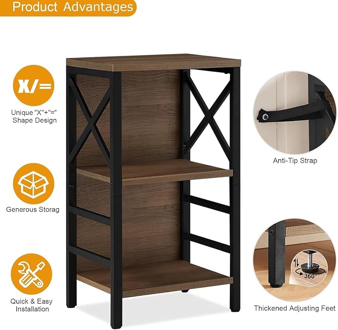 MNEETRUNG Book Shelf, Small 3-Tier Industrial Bookshelf with Strong Metal Frame & Backboard, 15.7" Short Bookcase for Small Spaces, Living Room, Bedroom and Home Office, Brown