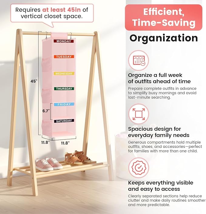 Weekly Clothes Organizer for Kids, 6-Shelf Kid Hanging Closet Organizer w/ 6 Side Pockets, Labeled Weekly Outfit Organizer for Kids, Days of The Week Clothes Organizer Monday Through Friday Pink