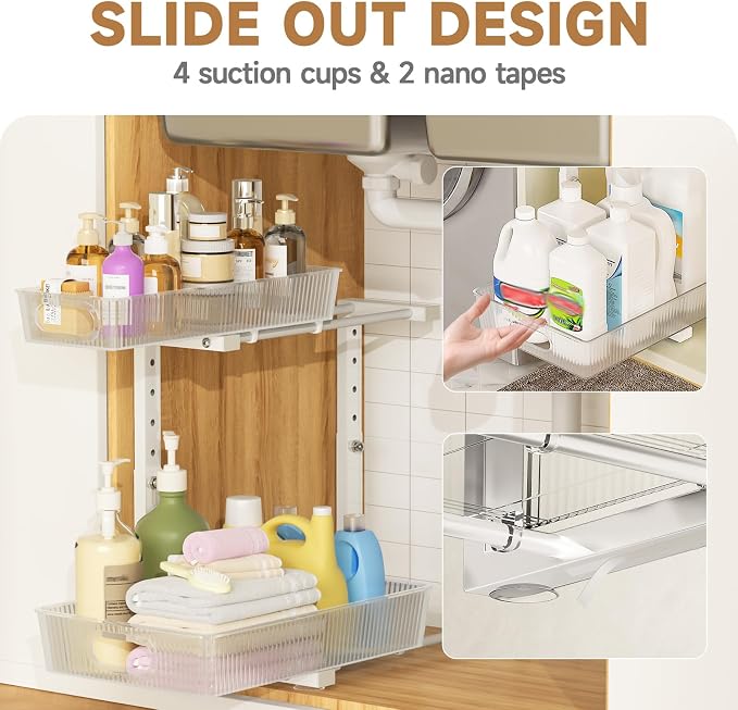 ETOYA 2 Pack Under Sink Organizer Kitchen, 2-Tier Pull Out Cabinet Organizer, L-Shaped Adjustable Height, Acrylic Under Sink Storage Shelf for Kitchen, Bathroom Vanity & Utility Closet