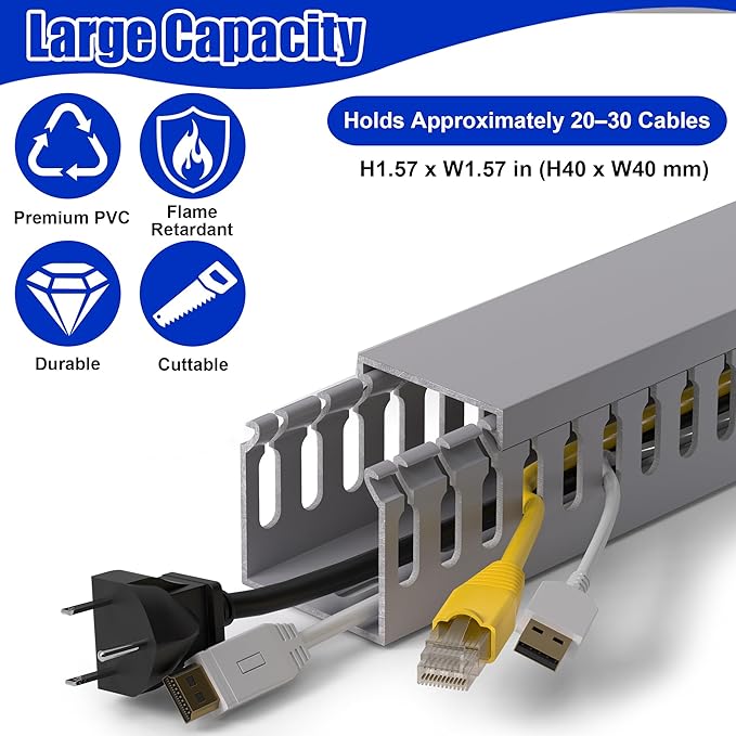 ZhiYo H1.6in W1.6in Professional Server Rack Cable Management Raceway, 12ft (4 x L3ft) Cable Raceway Kit, Electrically Safe PVC Open Slot Wire Raceway for Under Desk/Computer/Network Cords, Grey