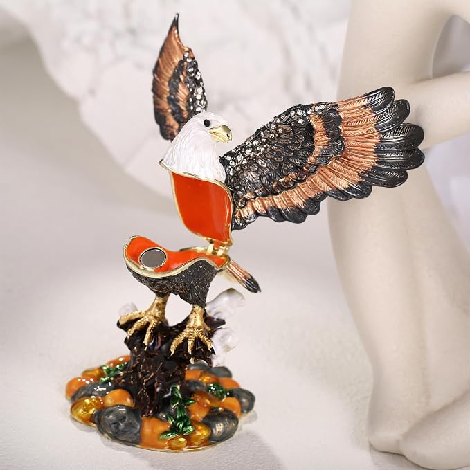 Hand Painted Animal Trinket Box for Home Decor, Hinged Jewelry Organizer Storage, Unique Personalized Collectible Keepsake Figurine Handmade Decorative Ornament Gifts (Eagle)