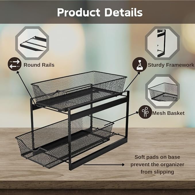 IBERG 2 Tier Bathroom Organizer Under Sink with Pull Out Drawer (Black)
