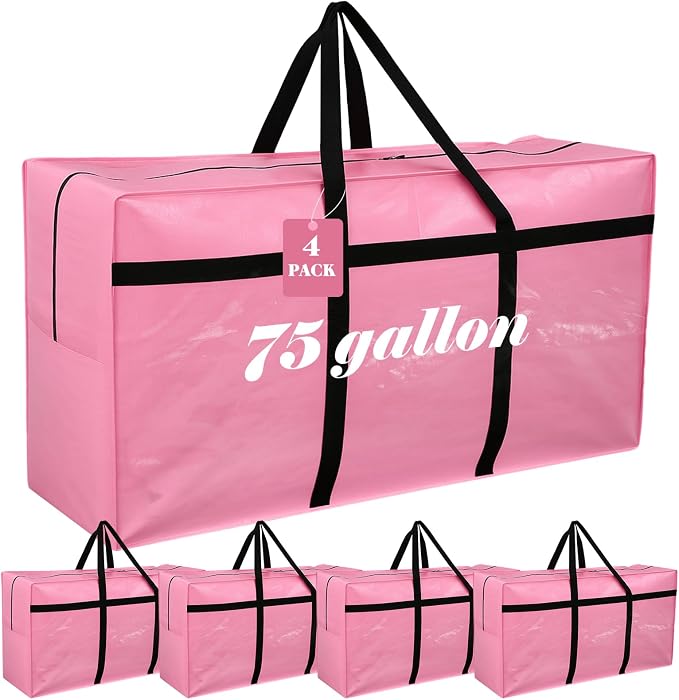 Windyun 4 Pack 75 Gallon Extra Large Moving Bags XXL Heavy Duty Storage Bag with Strong Zipper Handle Jumbo Big Tote Box Foldable for College Dorm Travel Clothes Duffle Blanket Pillow(Pink)
