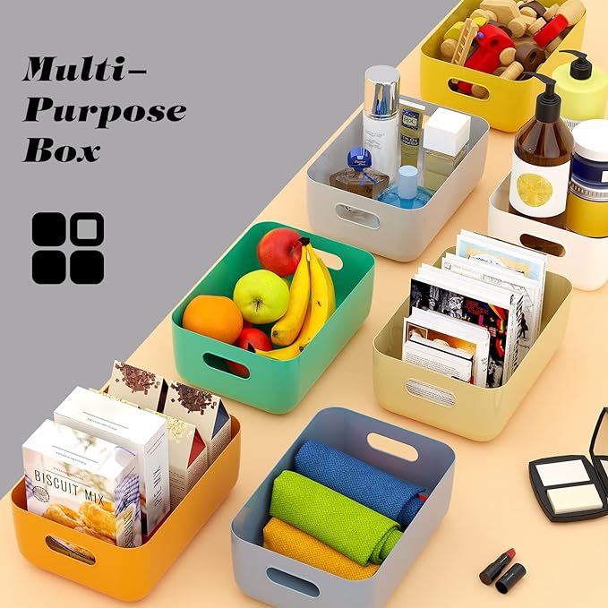 OWill 7 Pack Plastic Storage Bins, 4.2L Small Organizer Baskets with Handles, Pantry Cabinet Bathroom Classroom Storage Containers, Colorful Shelf Bins for Home Kitchen Closet Organization