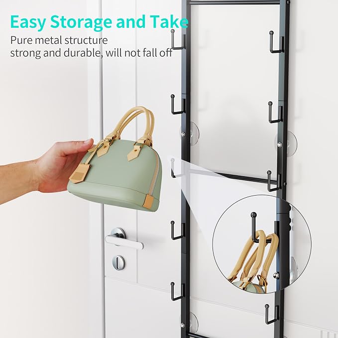 HapiRm Over The Door Purse Organizer - Wall Mounted Purse Rack with 16 Hooks and Metal Basket, Hanging Handbag Organizer Holds up to 16 Bags, Bag Rack Can Use As 1/2 Part, for Door, Closet (Black)