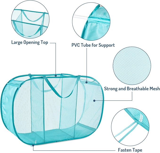 Seiritex Mesh Popup Laundry Hamper 3 Compartment Sortable Horizontal Collapsible Laundry Basket for Clothes Laundry Room Bedroom Toys Travel (Turquoise Blue)