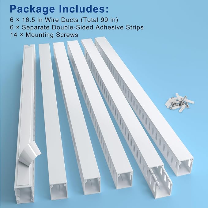ZhiYo H1.6in W1.2in Professional Server Rack Cable Management Raceway, 99in (6 x L16.5in) Cable Raceway Kit, Electrically Safe PVC Open Slot Wire Raceway for Under Desk/Computer/Network Cords, White