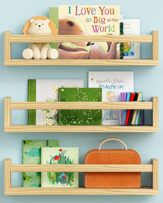 Harwaya Floating Nursery Book Shelves for Wall, Natural Wood Wall Bookshelf for Kids Room Bedroom, Small Wooden Hanging Baby Book Shelf and Toy Organizer for Nursery Girl Boy Toddler Child - Set of 3