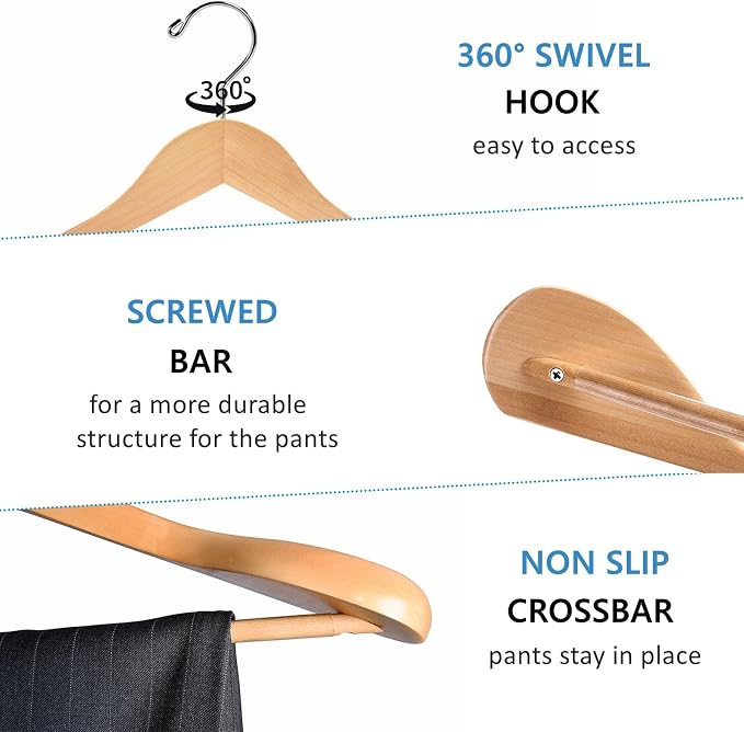 Amber Home 6 Pack Wide Shoulder Wooden Suit Hangers, Natural | Natural Wood Coat Hangers with Non Slip Pants Bar, Clothes Hangers for Jackets, Sweaters, Pants & Heavy Clothes