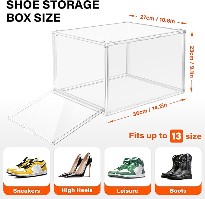 12 Pack Drop Front Shoe Boxes Acrylic Shoe Display Case Fit US Size 13, Clear Stackable Hat Sneaker Shoe Organizer for Closet, Entryway, Underbed, Multiple Display Cases for Hats, Figures, Sneakers