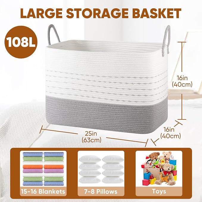 OIASKET XXL Large Blanket Basket for Living Room, 108L Woven Storage Baskets for Organizing, Rectangle Cotton Rope Basket Toy Chest With Handles-Grey & White