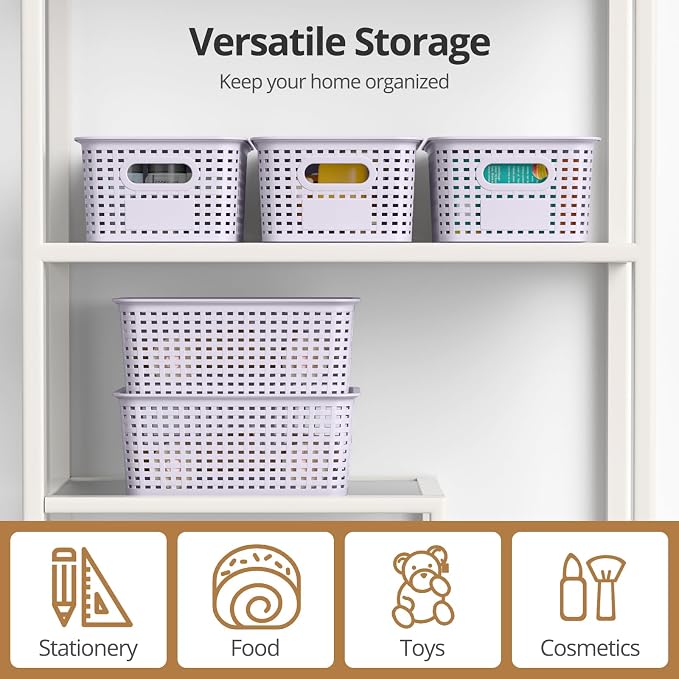 Plastic Storage Basket with Lid, Stackable Small Box Bins for Organizing and Containers for Shelves Drawers Desktop Closet Playroom Pantry Classroom Office Home, 8 Pack 10.2"x7.2"x4.1" Lavender