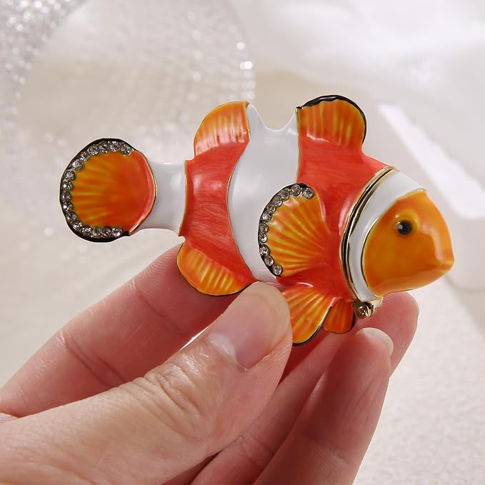 Hand Painted Animal Trinket Box for Home Decor, Hinged Jewelry Organizer Storage, Unique Personalized Collectible Keepsake Figurine Handmade Decorative Ornament Gifts (Clownfish)