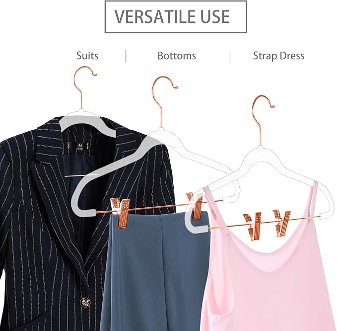 MIZGI Slim Clear Rosegold Pants & Skirt Hangers (20 Pack) – Adjustable Clips & Hooks, Transparent Non-Felt, Space-Saving for Dresses, Shirts, Blouses