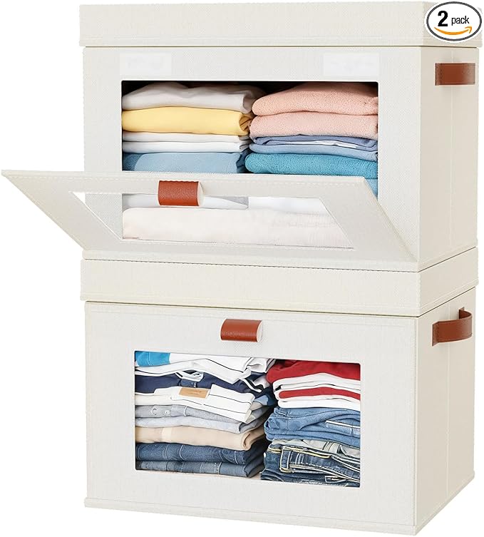 2-Pack Large Storage Bins with Lids,Stackable&Collapsible Closet Storage Bins,Oxford Fabric Organizer Box with Clear Window,Large Decorative Storage Boxes for Closet,Dorm16.5"x11.8"x11"