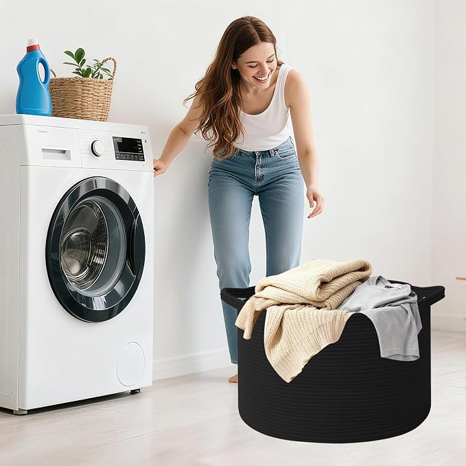 90L Extra Large Blanket Basket,Woven Rope Laundry Basket Hamper with Handles, Decorative Nursery Basket Storage Bin for Toys, Clothes Organizer, Living Room, Bedroom, Bathroom, Black