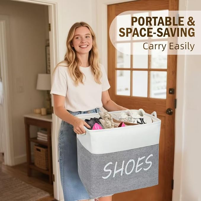 Large Fabric Shoe Basket,Flodable Shoe Storage Bin for Entryway,Hallway or Mudroom,Stylish Shoe Storage Container (Large-1 Pack)