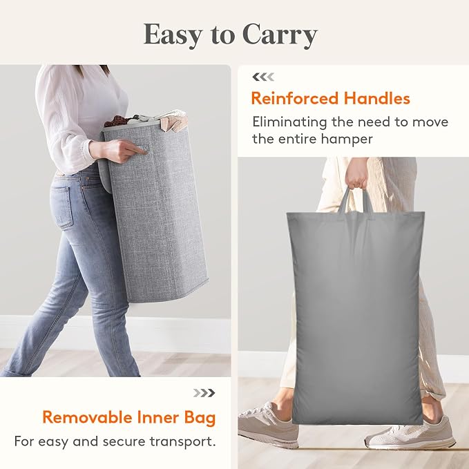 Lifewit Slim Laundry Basket with Lid, Narrow Large Laundry Hamper with Plastic Handles and Removable Bag, Tall Foldable Dirty Clothes Hampers for Laundry Room, Bedroom, Bathroom, Dorm, 65L Gray